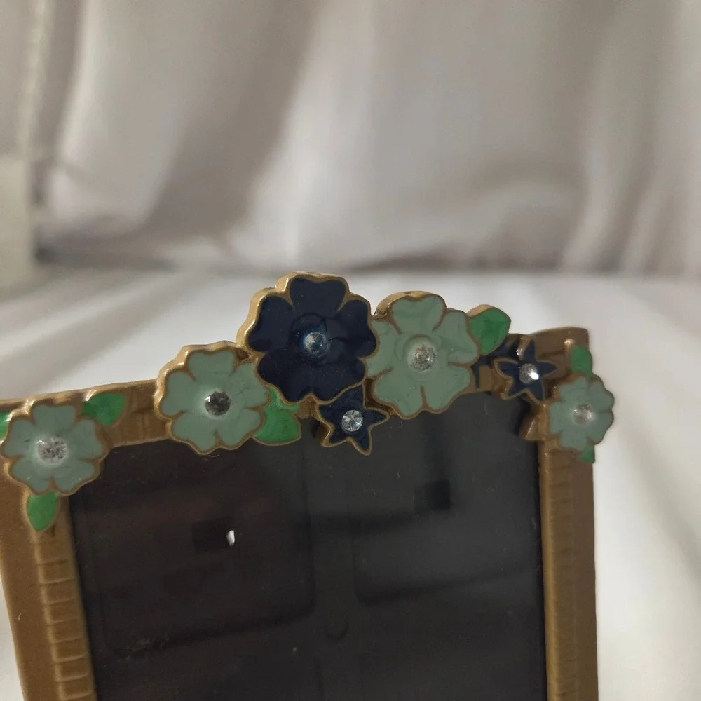 Vintage Gold Tone Miniature Picture Frame Enameled Flower Rhinestone Art Deco